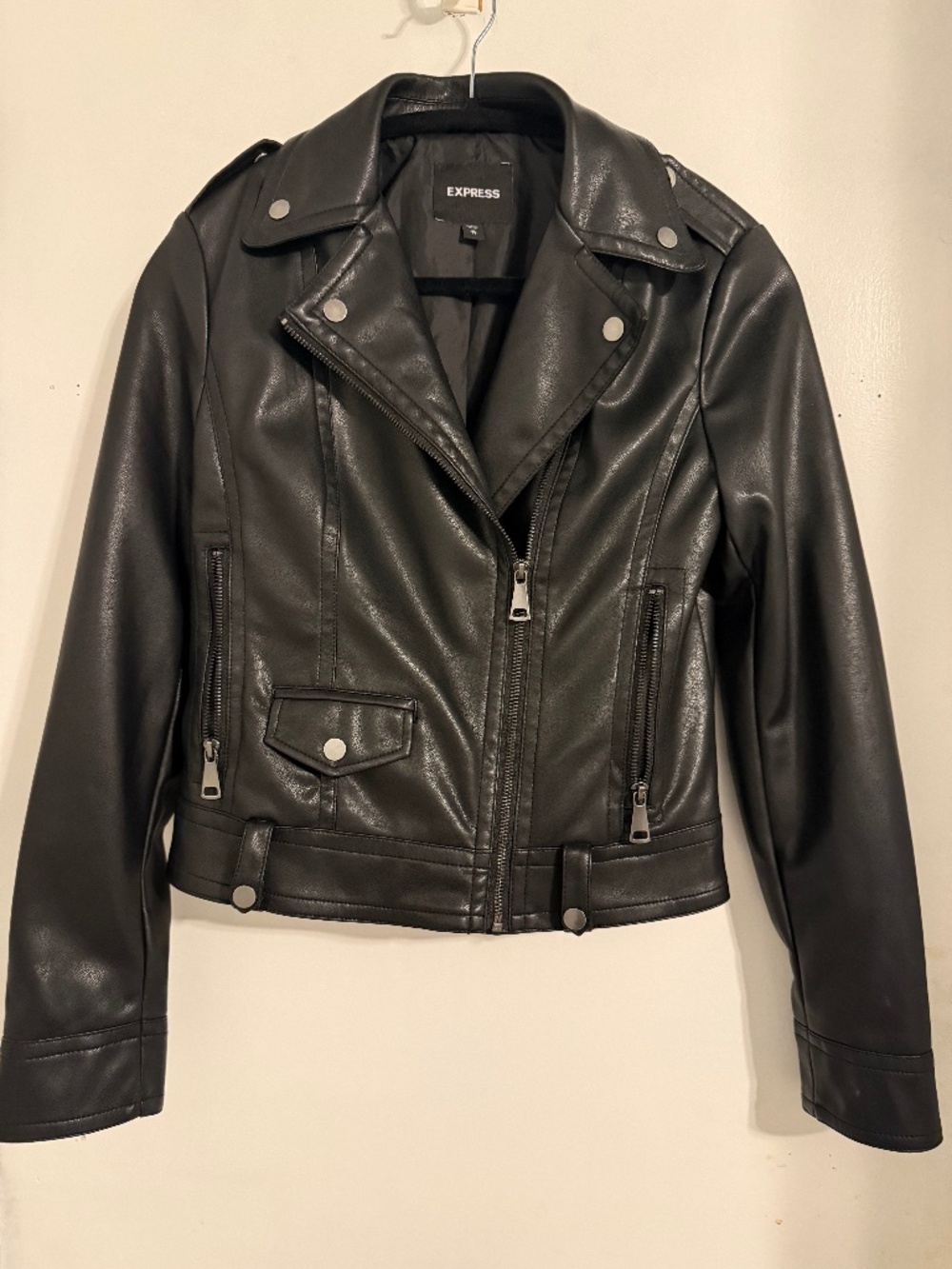 EXPRESS Women's Black Faux - Leather Jacket - Classic Moto Style (Size S )